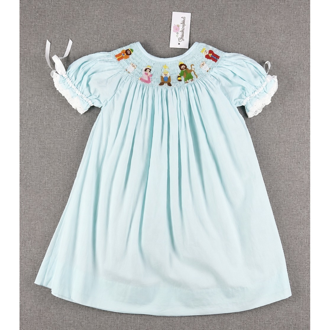 Smockingbird Girls Light Blue Nativity Scene Smocked Bishop Dress Nwt